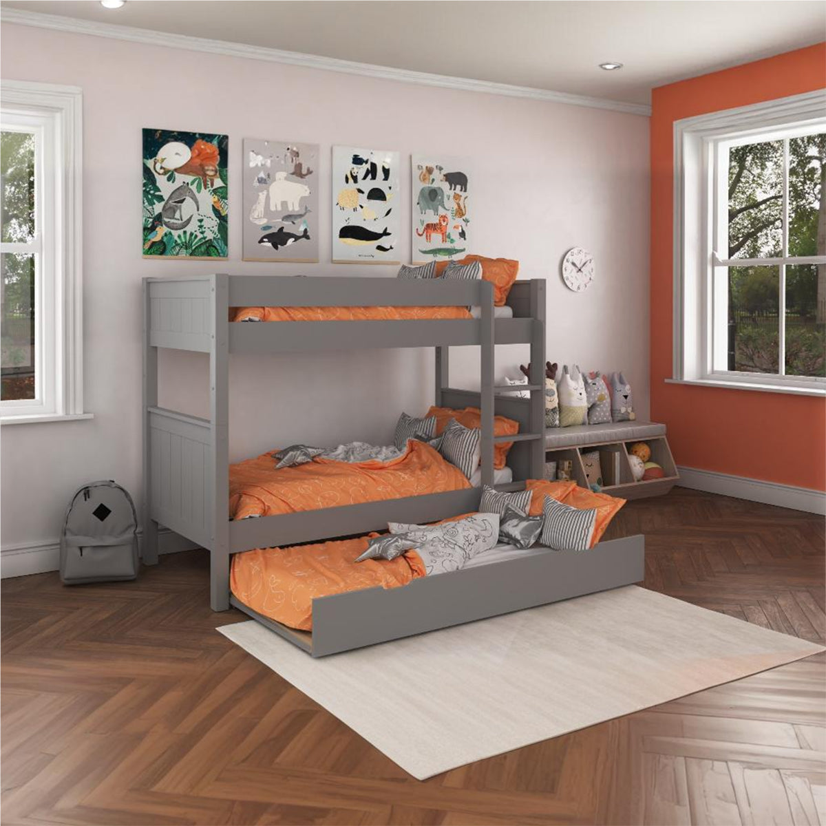 New Classic Bunk Bed With Trundle Drawer And Trundle Mattress Grey