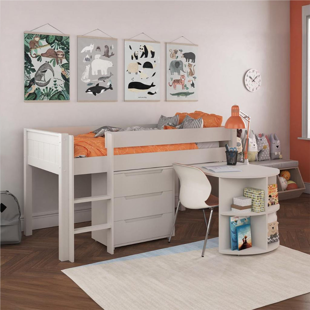 New Classic Midsleeper With Pull Out Desk And 3 Drawer Chest White
