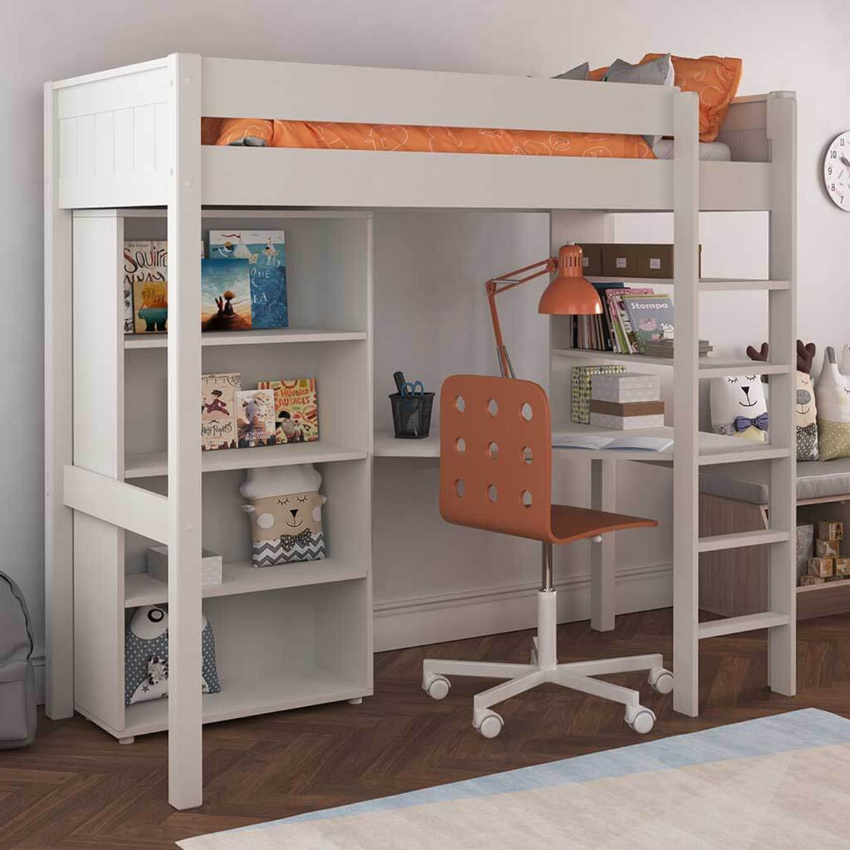 New Classic High sleeper With Integrated Desk And Shelving And Tall Bookcase White