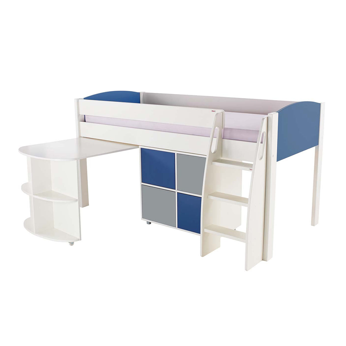 Stompa UNOS Mid Sleeper Blue Incl Pull Out Desk + 1 Multi Cube With 2Blue & 2Grey Doors