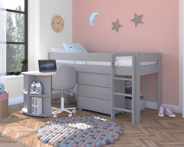 Uno Grey Midsleeper With Pull Out Desk And 3 Drawer Chest