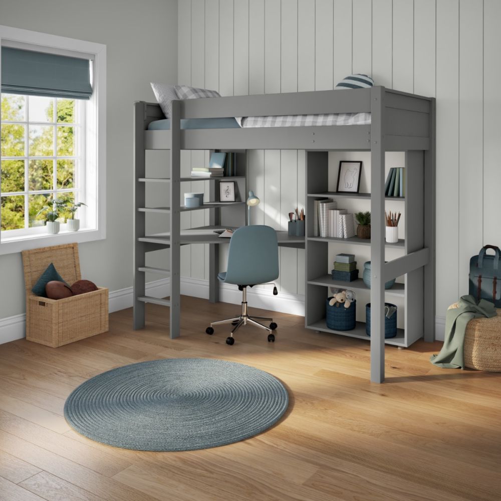 New Classic Highsleeper With Integrated Desk And Shelving And Tall Bookcase Grey
