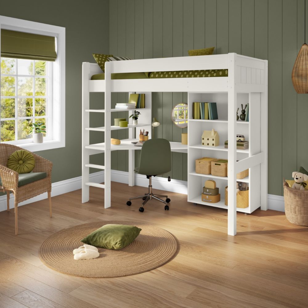 New Classic High sleeper With Integrated Desk And Shelving And Tall Bookcase White