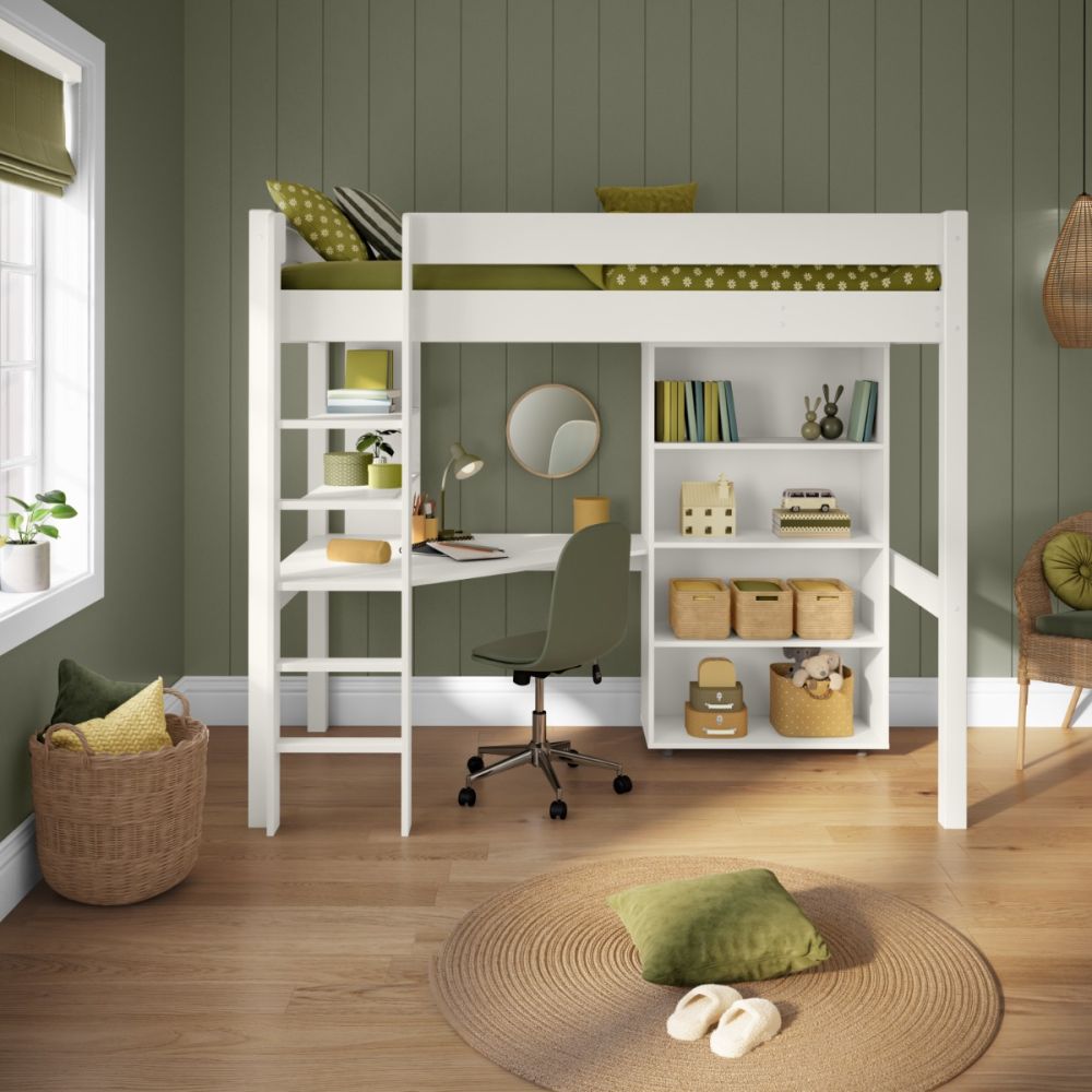New Classic High sleeper With Integrated Desk And Shelving And Tall Bookcase White