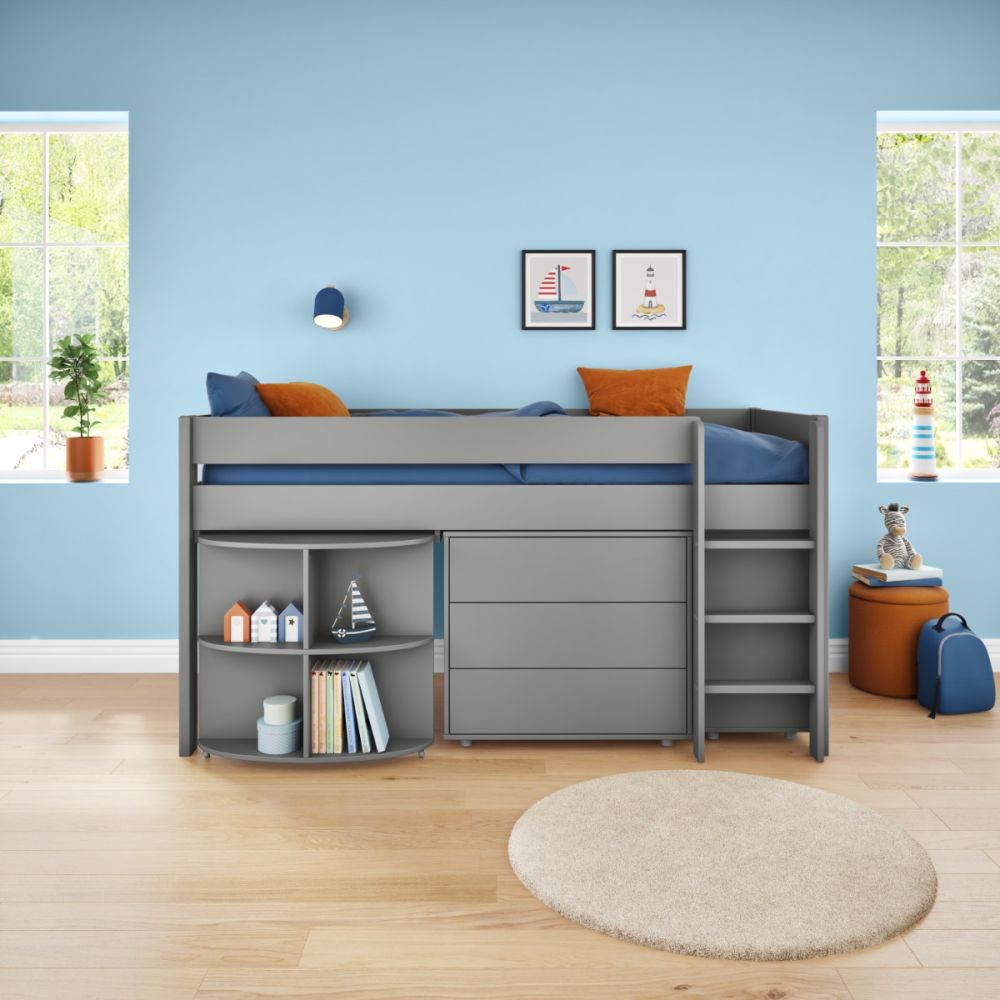 Uno Grey Midsleeper With Pull Out Desk And 3 Drawer Chest And Cube Unit