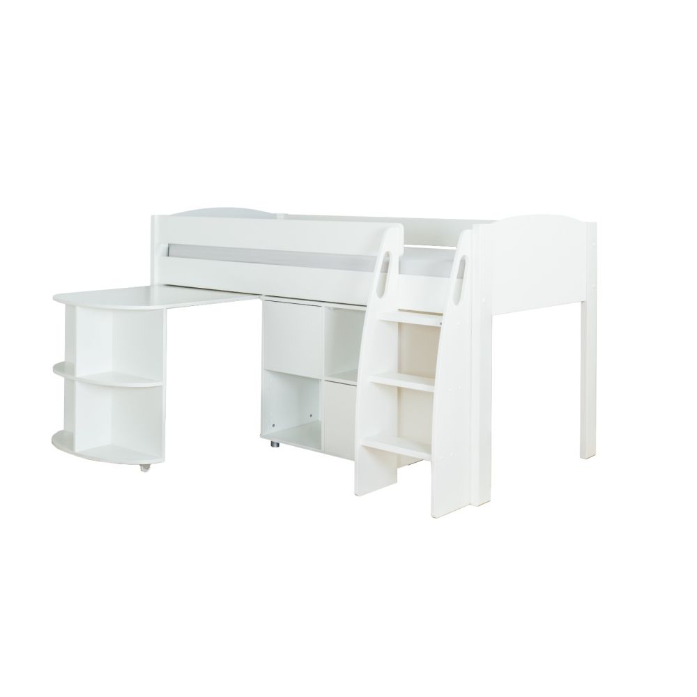 Uno White Midsleeper With Pull Out Desk And Cube Unit