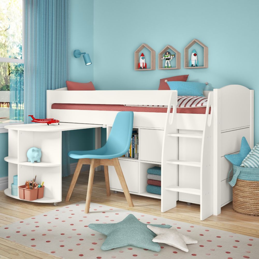 Stompa UNOS Mid Sleeper White Incl Pull Out Desk + 1 Multi Cube With 4 X White Doors+ 1 Chest Of Drawers
