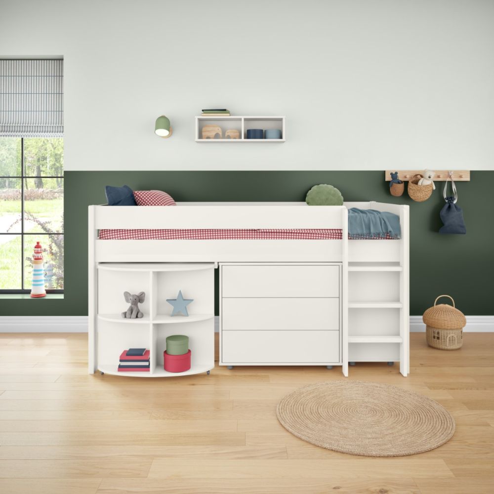 Uno White Midsleeper With Pull Out Desk And 3 Drawer Chest And Cube Unit