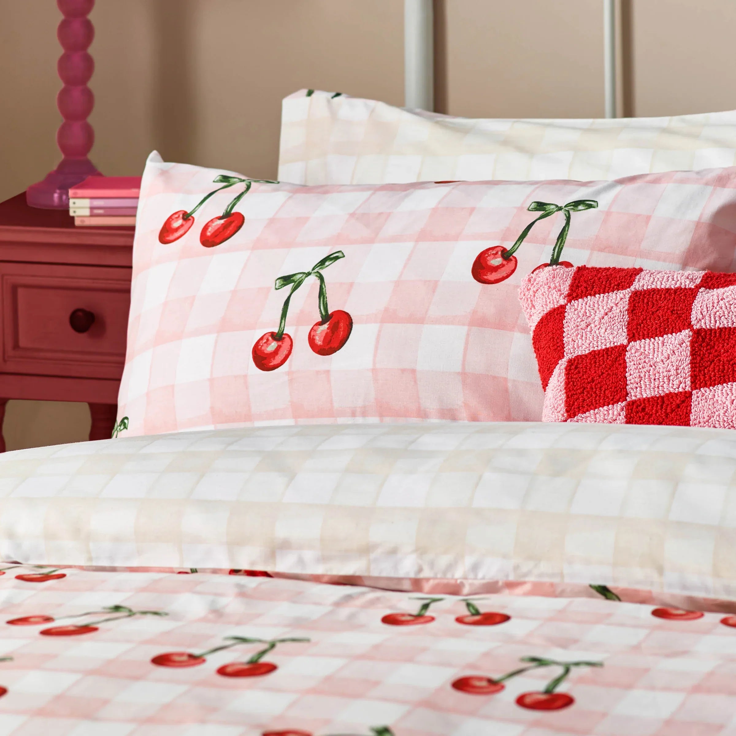 Cherry Gingham Printed Duvet Cover Set Pink