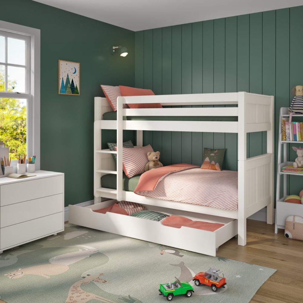New Classic Bunk Bed With Trundle Drawer And Trundle Mattress White