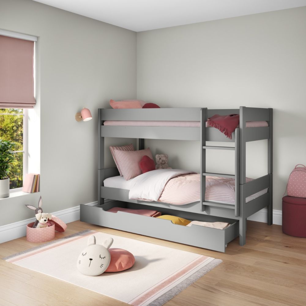 Compact Bunk Bed With Trundle Drawer And Trundle Mattress Grey