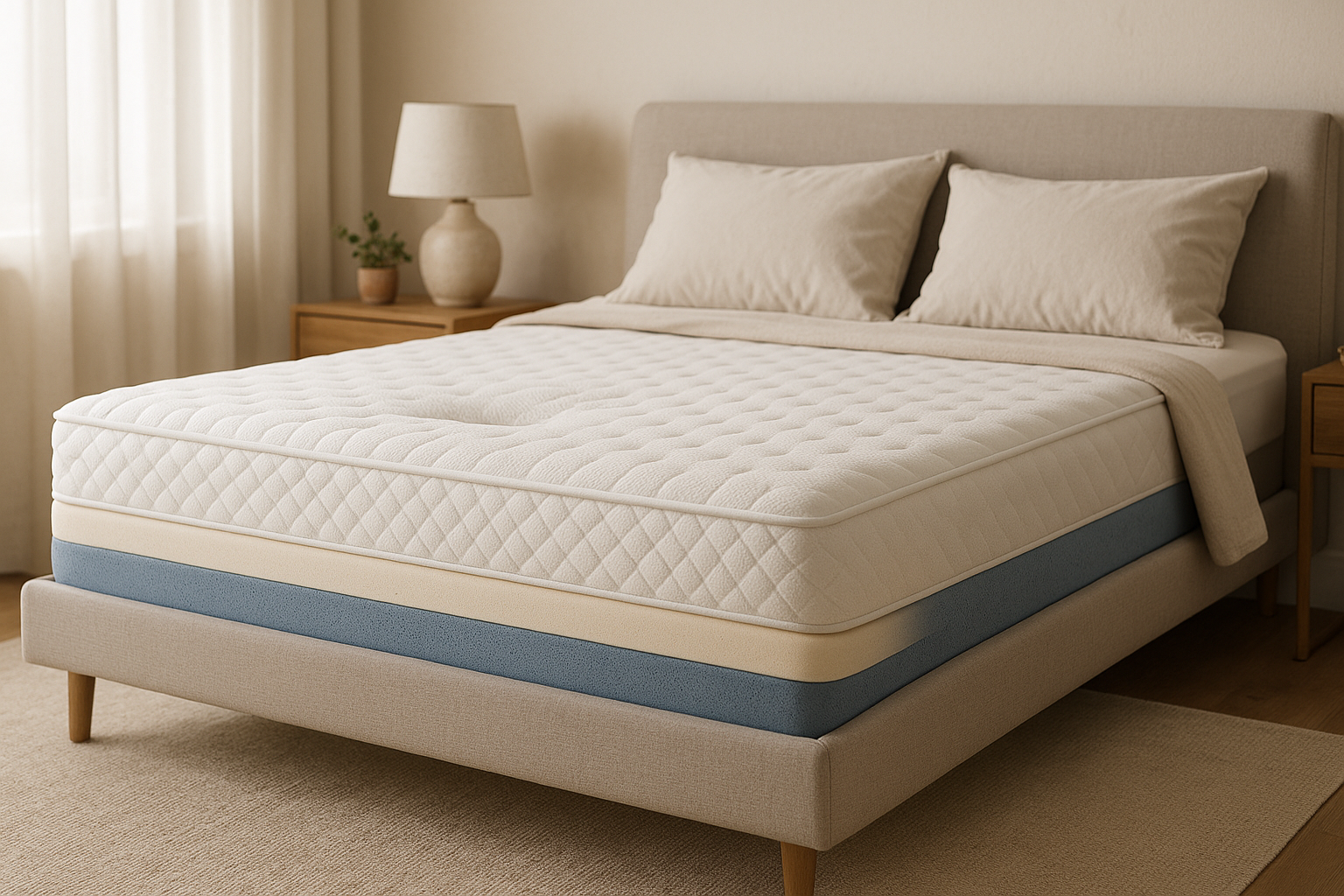 generate a lifestyle image of mattress for Balanced Medium-Firm Feel

With contouring memory foam and durable construction, it offers the perfect blend of comfort, stability, and long-lasting performance. dont add any text on it