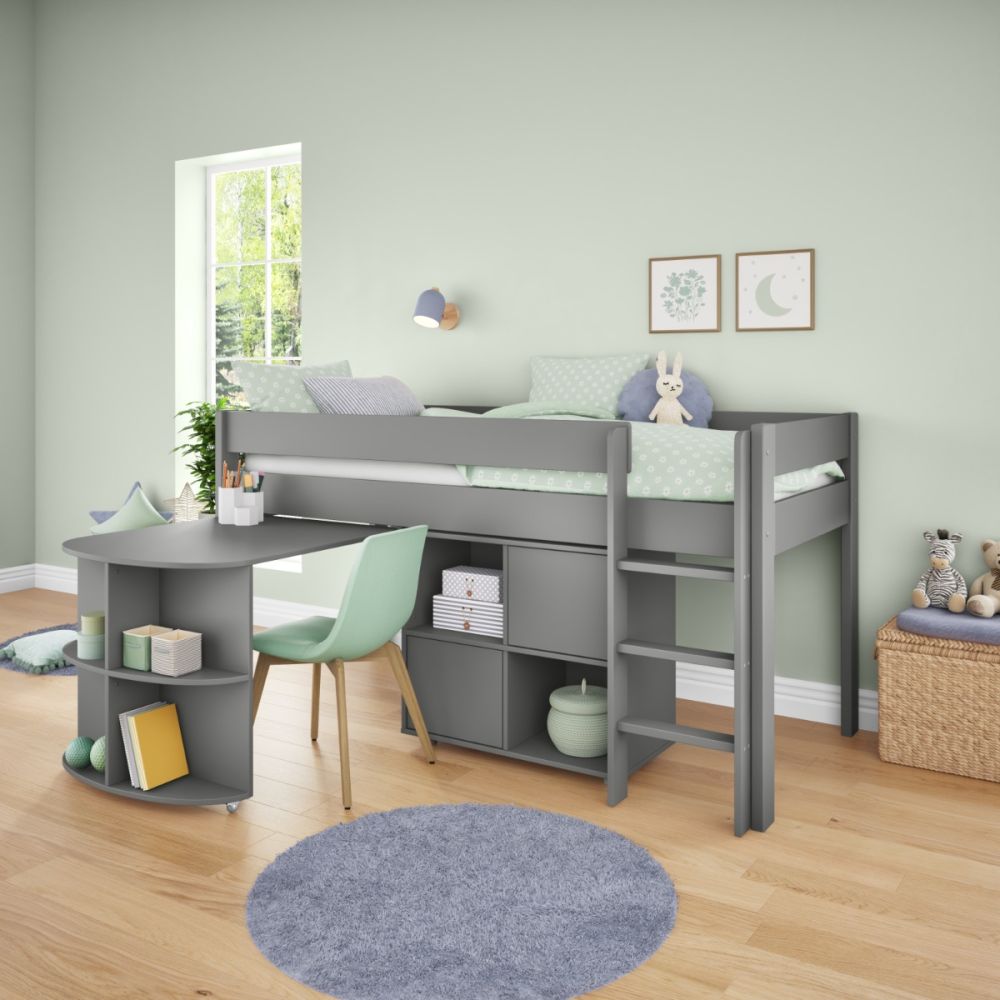 Uno Grey Midsleeper With Pull Out Desk And Cube Unit