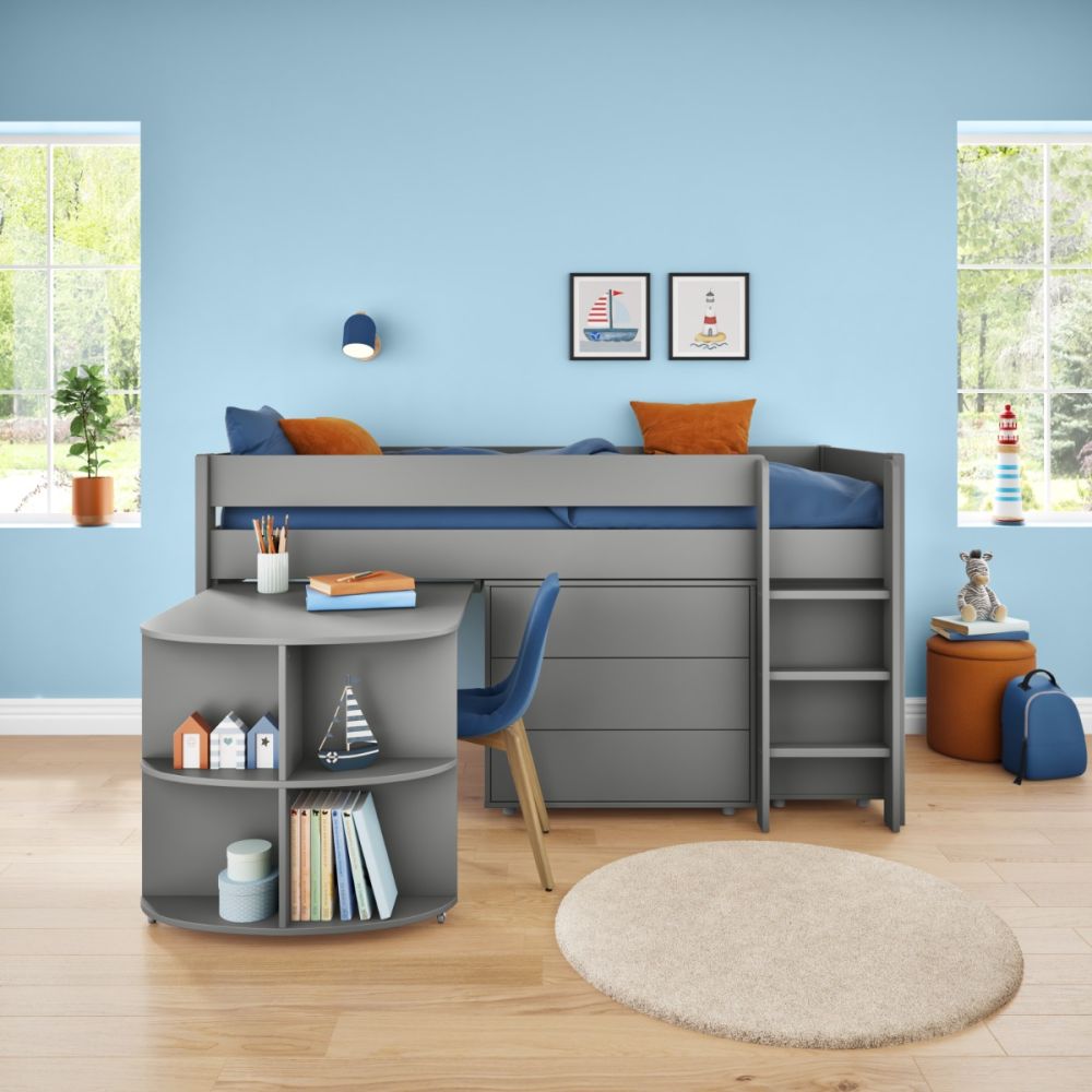 Uno Grey Midsleeper With Pull Out Desk And 3 Drawer Chest And Cube Unit